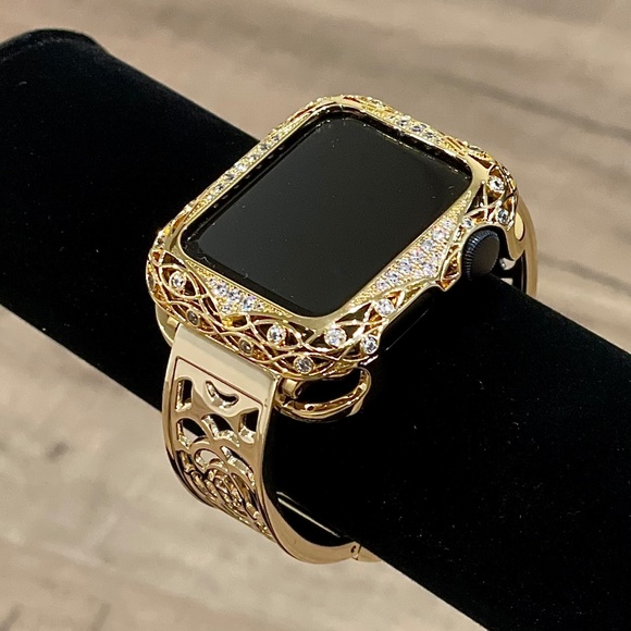 Gold Apple Watch Band and Apple Watch Case Cover with Pave Crystals - Picture 1 of 5